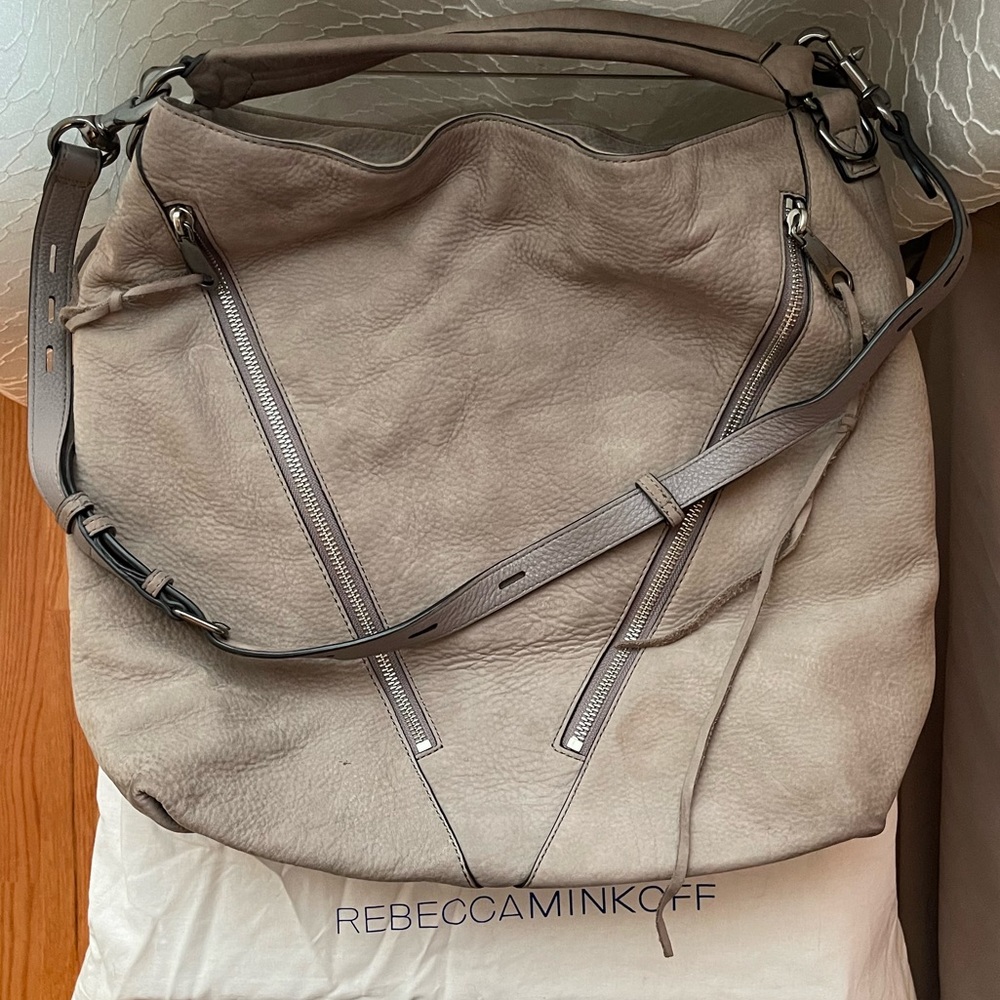 rebecca minkoff grey suede leather handbag